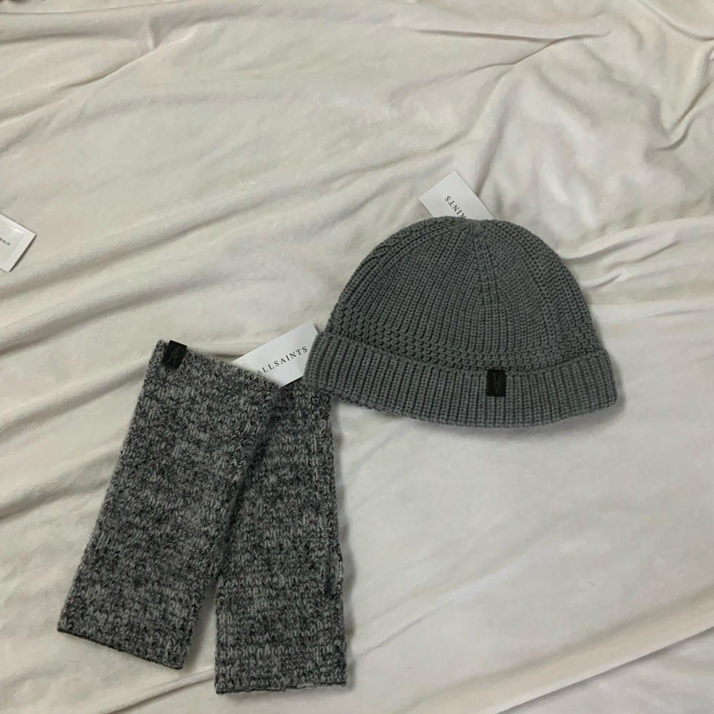 Gray Knit Beanie and Gloves